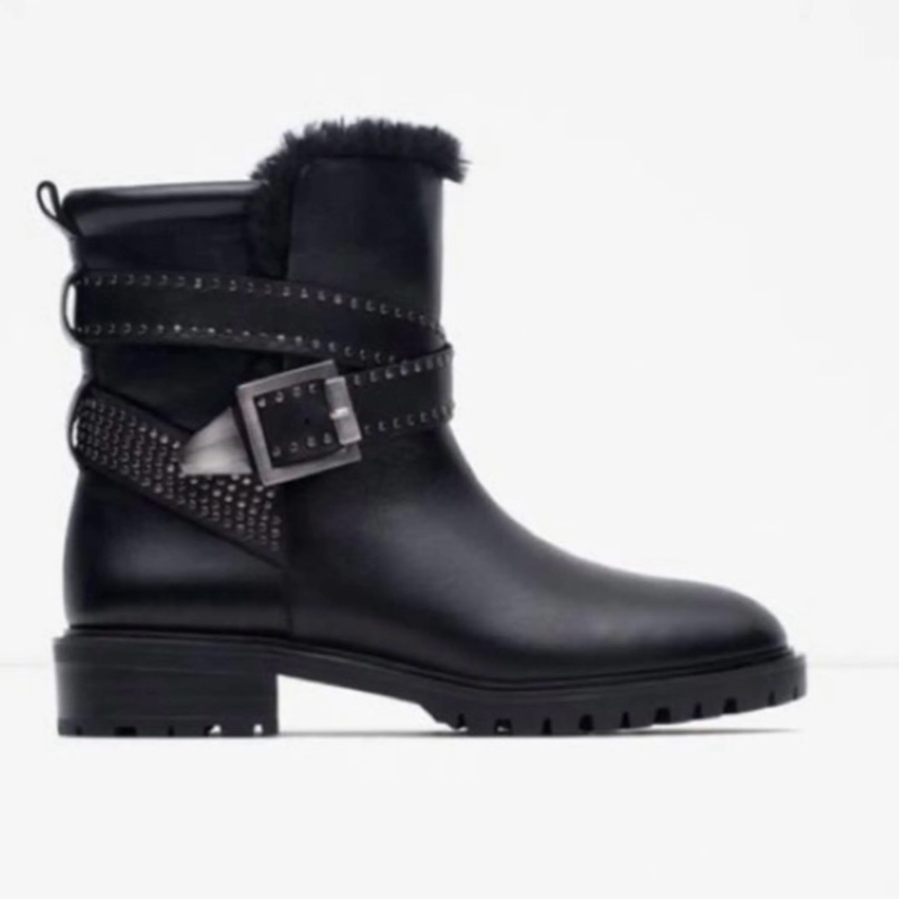 ZARA Woman Black Moto Boots Silver Studded Straps Goth Punk Size 6 / 36